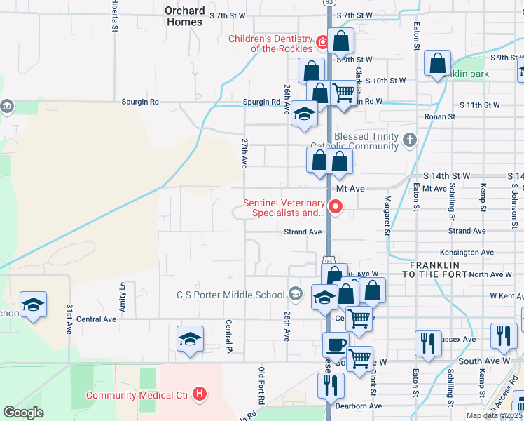 map of restaurants, bars, coffee shops, grocery stores, and more near 2625 Mount Avenue in Missoula