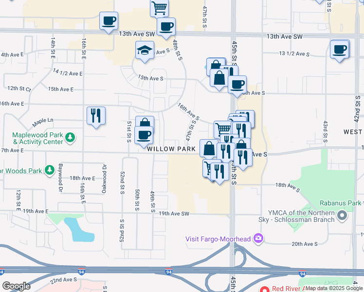 map of restaurants, bars, coffee shops, grocery stores, and more near 4730 16th Avenue South in Fargo