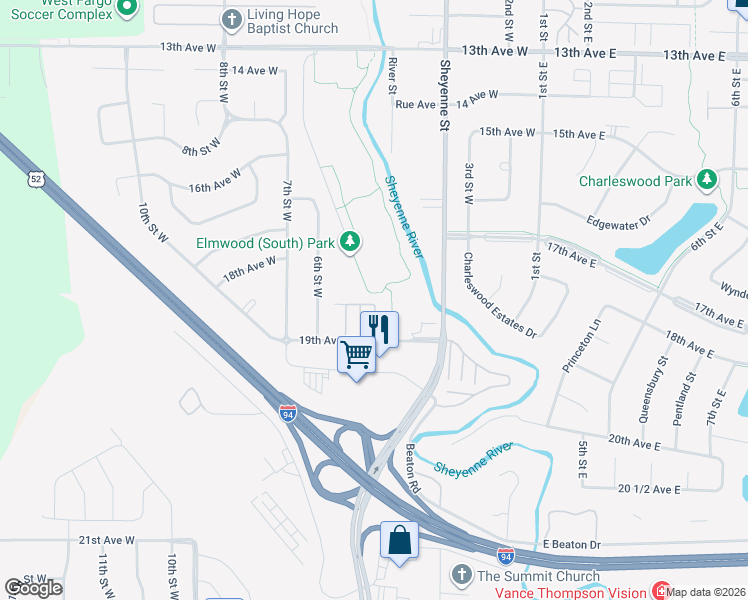 map of restaurants, bars, coffee shops, grocery stores, and more near 448 19th Avenue West in West Fargo