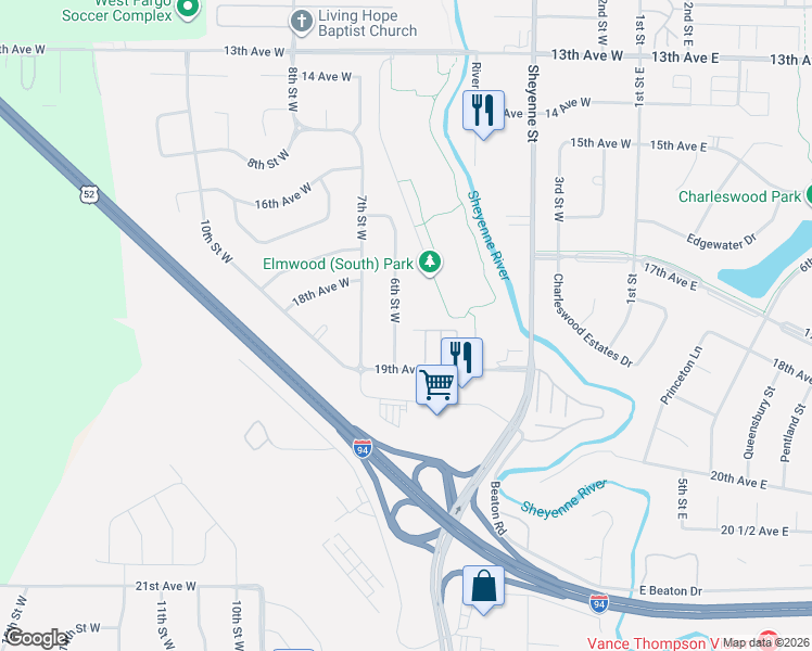 map of restaurants, bars, coffee shops, grocery stores, and more near 1833 6th Street West in West Fargo