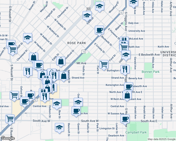 map of restaurants, bars, coffee shops, grocery stores, and more near 350 Burlington Avenue in Missoula