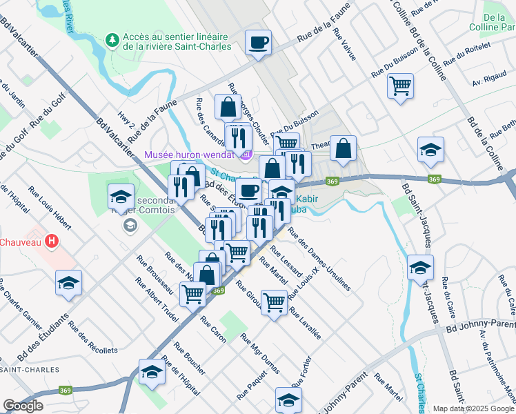 map of restaurants, bars, coffee shops, grocery stores, and more near 12 Boulevard des Étudiants in Québec City