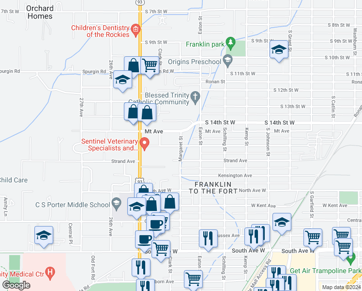 map of restaurants, bars, coffee shops, grocery stores, and more near 1698 Margaret Street in Missoula