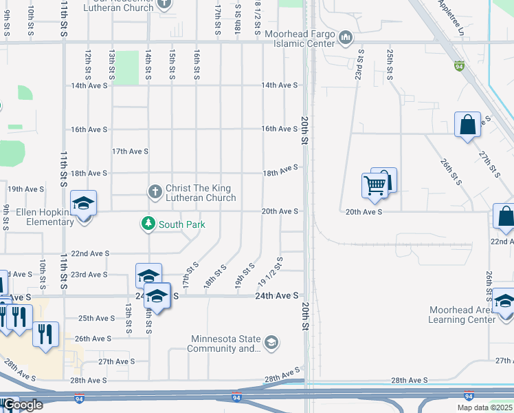 map of restaurants, bars, coffee shops, grocery stores, and more near 1906 18th Street South in Moorhead