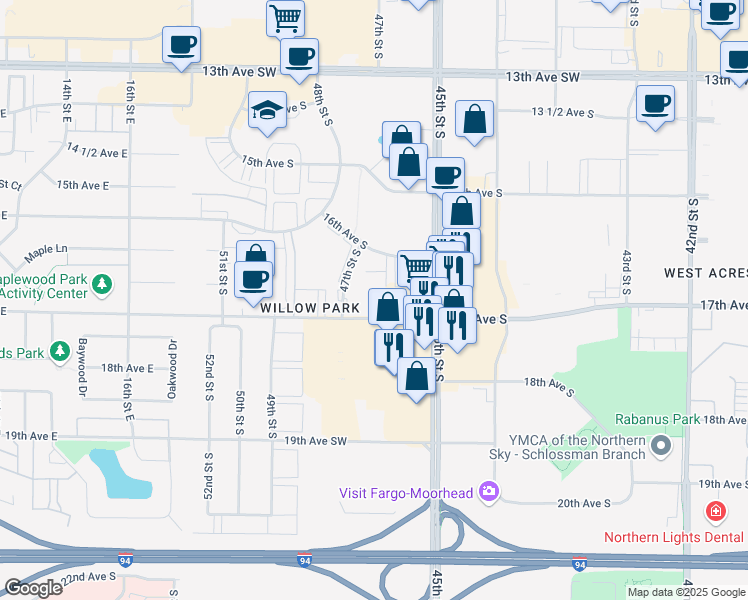 map of restaurants, bars, coffee shops, grocery stores, and more near 4601 17th Avenue South in Fargo