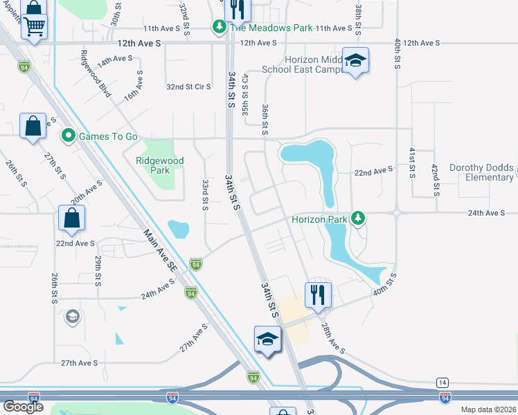 map of restaurants, bars, coffee shops, grocery stores, and more near 3552 23rd Avenue South in Moorhead