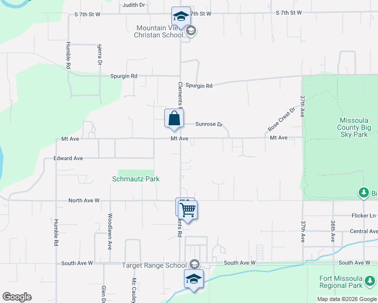 map of restaurants, bars, coffee shops, grocery stores, and more near 1610 Clements Road in Missoula