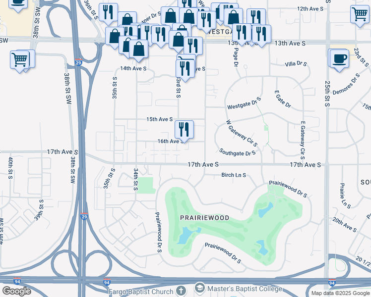 map of restaurants, bars, coffee shops, grocery stores, and more near 3246 16th Avenue South in Fargo