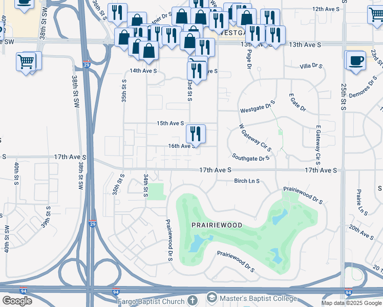 map of restaurants, bars, coffee shops, grocery stores, and more near 3246 16th Avenue South in Fargo