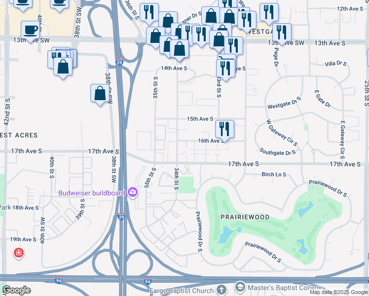 map of restaurants, bars, coffee shops, grocery stores, and more near 1610 34th Street South in Fargo