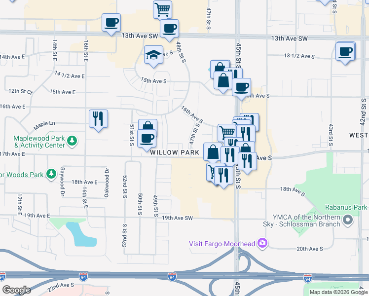 map of restaurants, bars, coffee shops, grocery stores, and more near 4701 17th Avenue South in Fargo