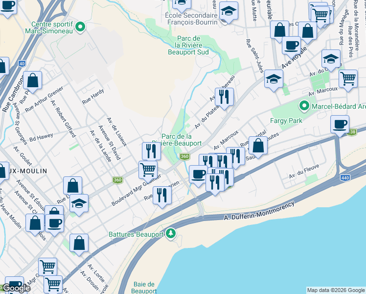 map of restaurants, bars, coffee shops, grocery stores, and more near 4 B Rue des Pères in Québec