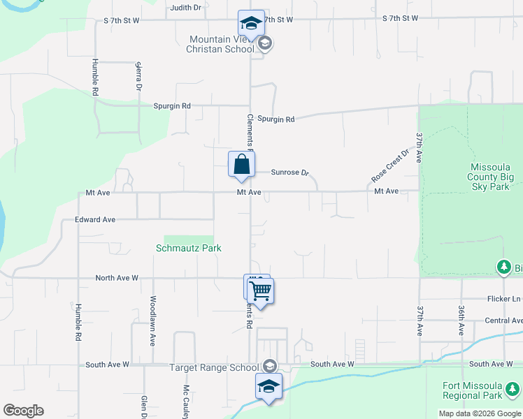 map of restaurants, bars, coffee shops, grocery stores, and more near 1610 Clements Road in Missoula