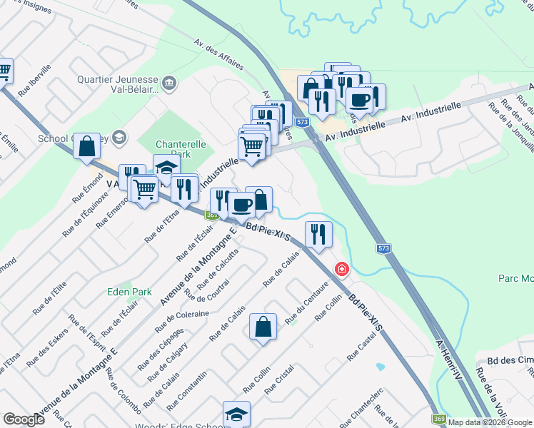 map of restaurants, bars, coffee shops, grocery stores, and more near 1032 Rue de la Joconde in Québec