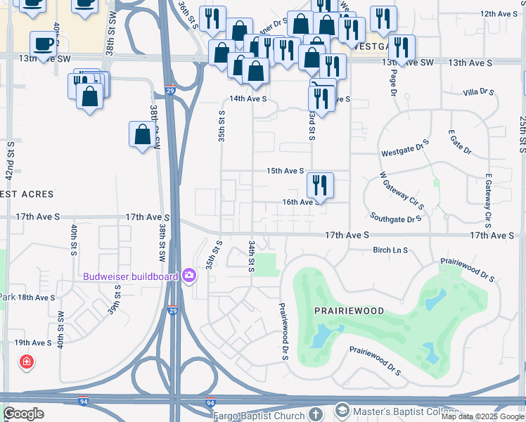 map of restaurants, bars, coffee shops, grocery stores, and more near 1610 34th Street South in Fargo