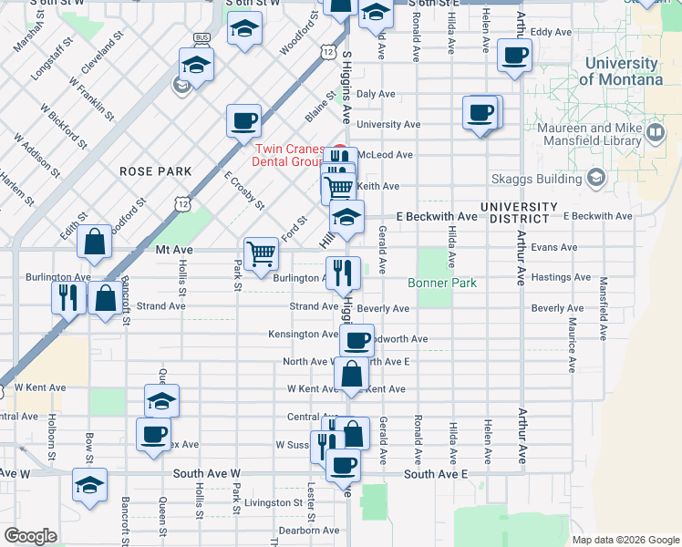 map of restaurants, bars, coffee shops, grocery stores, and more near 1637 South Higgins Avenue in Missoula