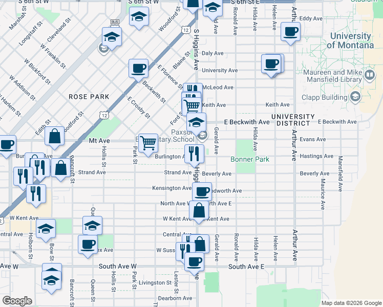 map of restaurants, bars, coffee shops, grocery stores, and more near 1637 South Higgins Avenue in Missoula