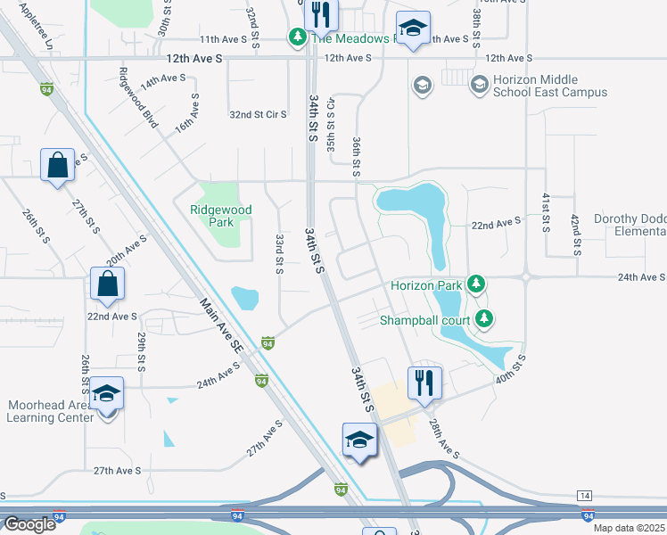 map of restaurants, bars, coffee shops, grocery stores, and more near 2227 35th Street South Circle in Moorhead