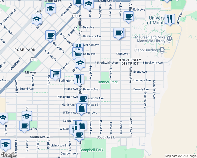 map of restaurants, bars, coffee shops, grocery stores, and more near 214 Hastings Avenue in Missoula