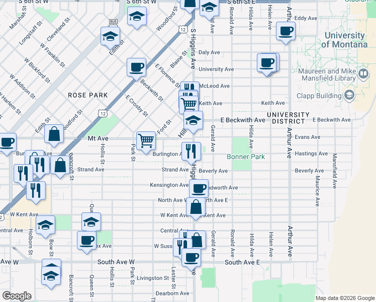 map of restaurants, bars, coffee shops, grocery stores, and more near 126 Burlington Ave in Missoula