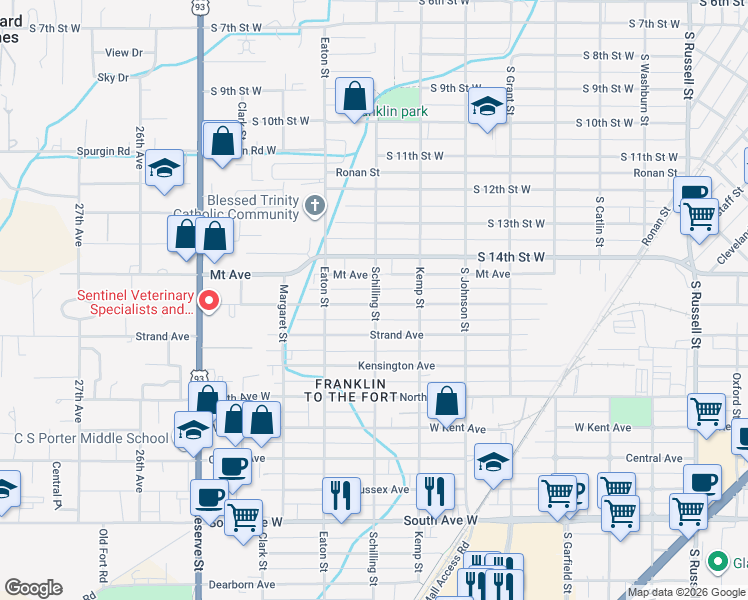 map of restaurants, bars, coffee shops, grocery stores, and more near 1618 Schilling Street in Missoula