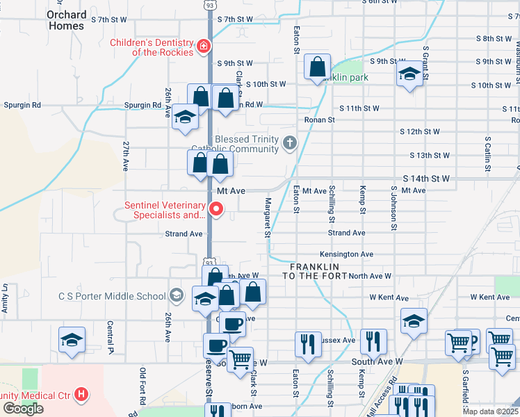 map of restaurants, bars, coffee shops, grocery stores, and more near 2336 Burlington Avenue in Missoula
