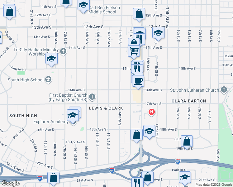 map of restaurants, bars, coffee shops, grocery stores, and more near 1602 14 1/2 Street South in Fargo