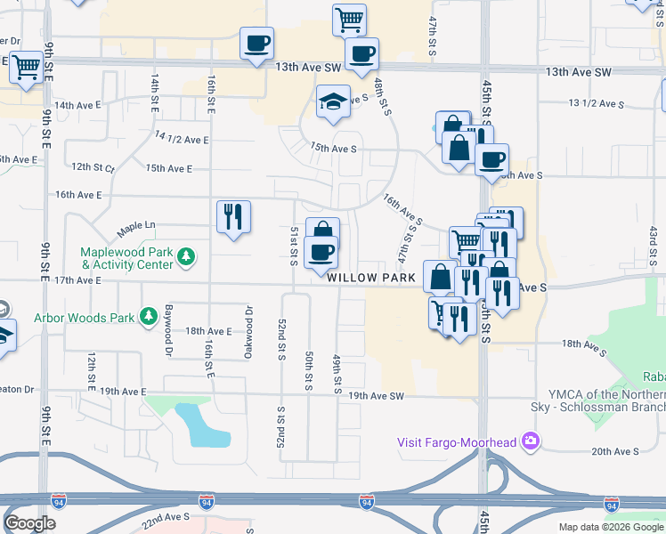 map of restaurants, bars, coffee shops, grocery stores, and more near 4957 17th Avenue South in Fargo