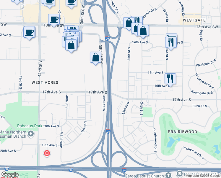 map of restaurants, bars, coffee shops, grocery stores, and more near Interstate 29 in Fargo