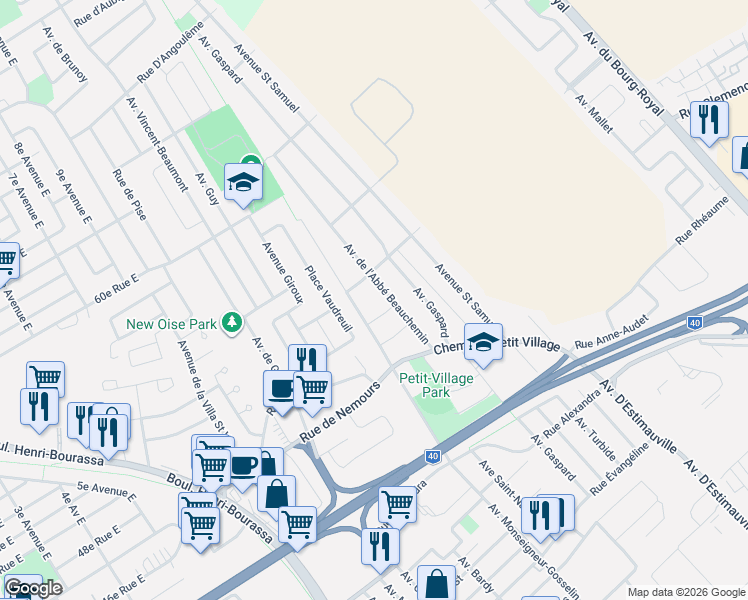 map of restaurants, bars, coffee shops, grocery stores, and more near 3179 Avenue de l'Abbé Beauchemin in Québec