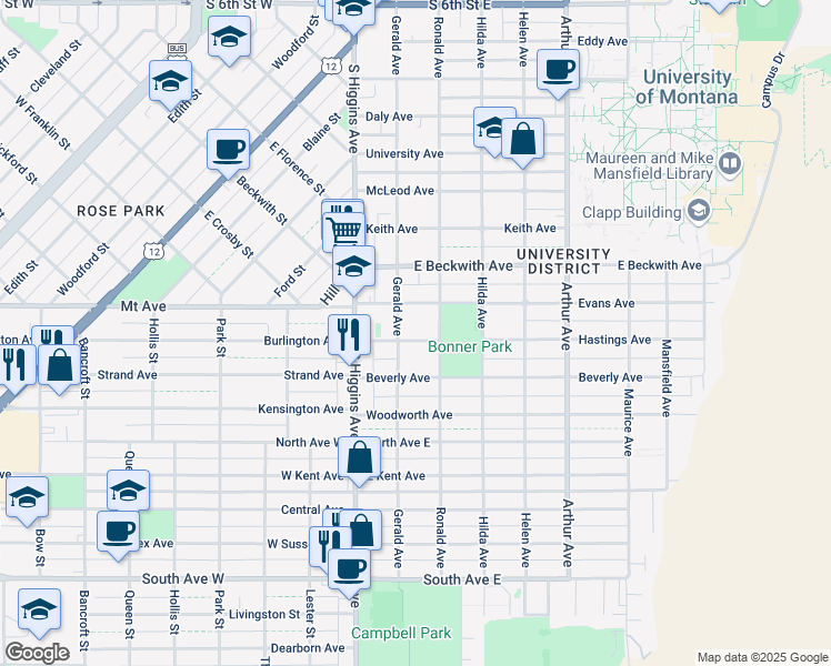 map of restaurants, bars, coffee shops, grocery stores, and more near 214 Hastings Avenue in Missoula