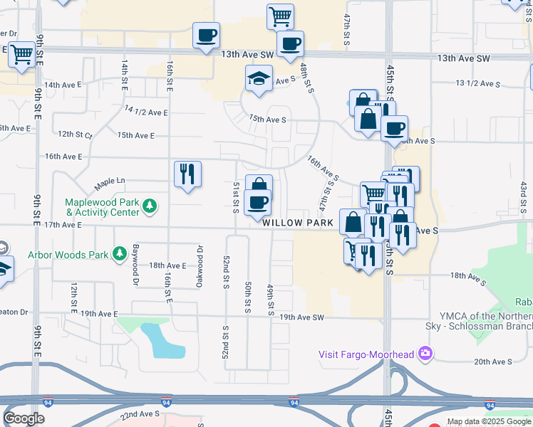 map of restaurants, bars, coffee shops, grocery stores, and more near 4957 17th Avenue South in Fargo