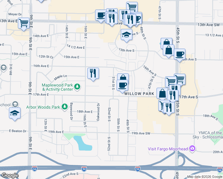 map of restaurants, bars, coffee shops, grocery stores, and more near 1667 51st St SW in Fargo