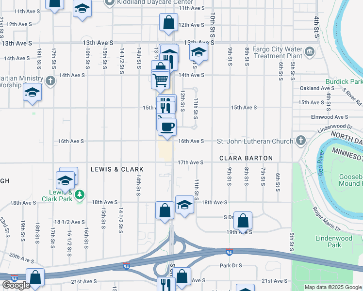 map of restaurants, bars, coffee shops, grocery stores, and more near 1602 South University Drive in Fargo
