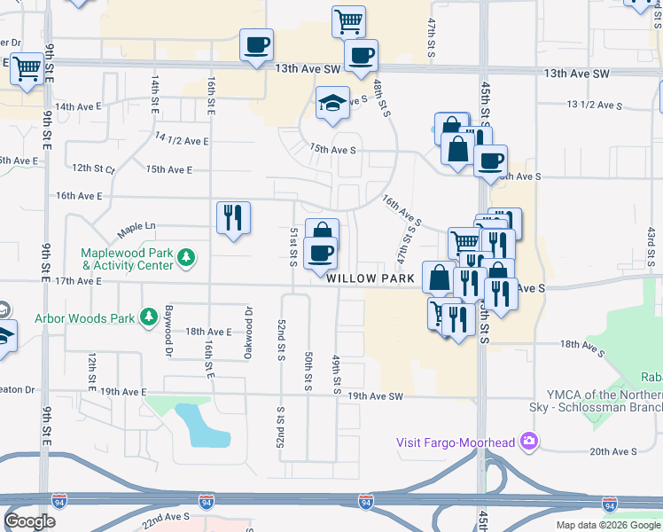 map of restaurants, bars, coffee shops, grocery stores, and more near 4957 17th Avenue South in Fargo