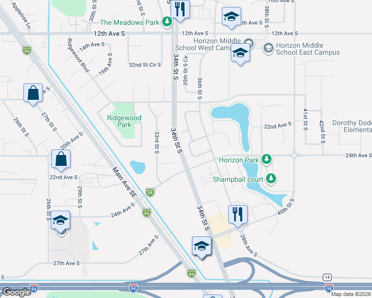 map of restaurants, bars, coffee shops, grocery stores, and more near 2239 35th Street South Circle in Moorhead