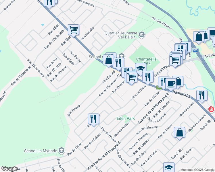 map of restaurants, bars, coffee shops, grocery stores, and more near 1398 Rue de l'Équinoxe in Québec