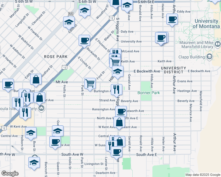 map of restaurants, bars, coffee shops, grocery stores, and more near 126 Burlington Ave in Missoula