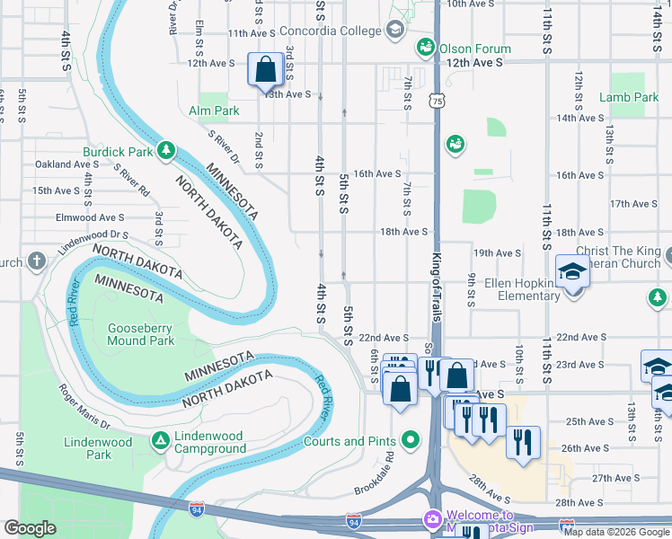 map of restaurants, bars, coffee shops, grocery stores, and more near 1915 5th Street South in Moorhead