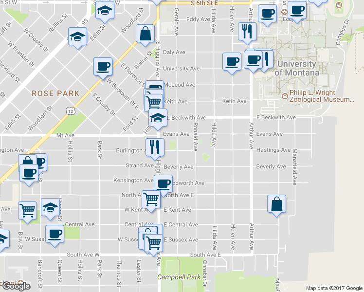 map of restaurants, bars, coffee shops, grocery stores, and more near 1620 Gerald Avenue in Missoula