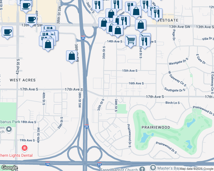 map of restaurants, bars, coffee shops, grocery stores, and more near 1602 35th Street South in Fargo