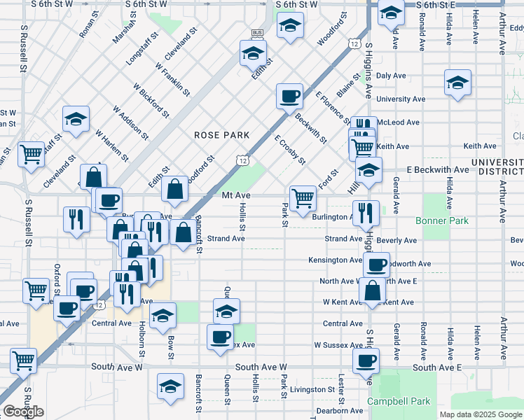 map of restaurants, bars, coffee shops, grocery stores, and more near 350 Burlington Avenue in Missoula