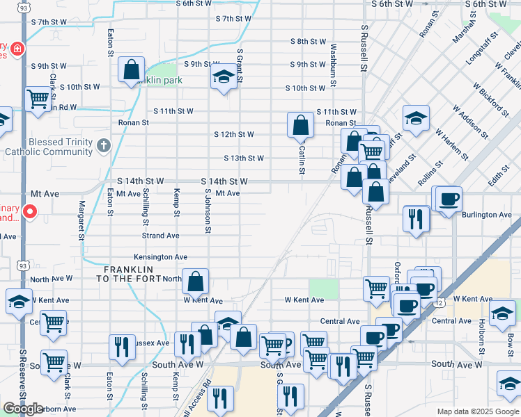 map of restaurants, bars, coffee shops, grocery stores, and more near 1840 Burlington Avenue in Missoula