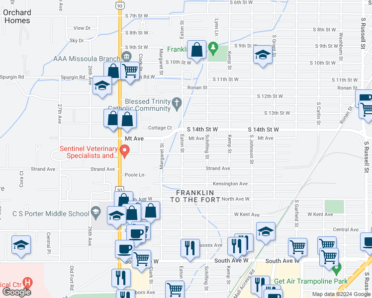 map of restaurants, bars, coffee shops, grocery stores, and more near 2302 Burlington Avenue in Missoula