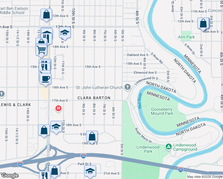 map of restaurants, bars, coffee shops, grocery stores, and more near 1602 6th Street South in Fargo