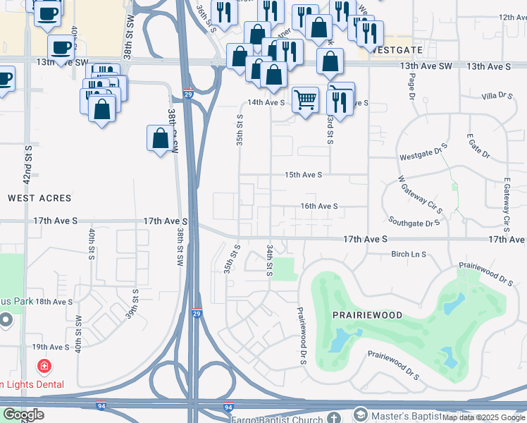 map of restaurants, bars, coffee shops, grocery stores, and more near 1517 34th Street South in Fargo