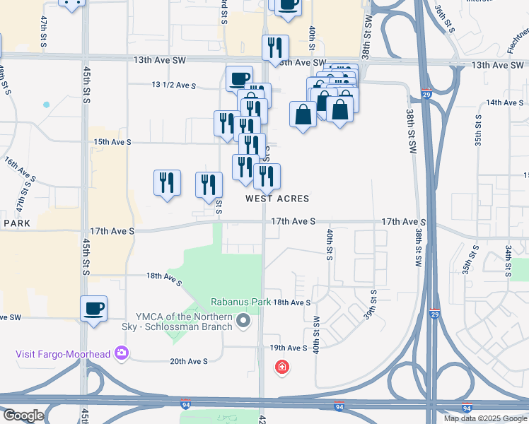 map of restaurants, bars, coffee shops, grocery stores, and more near in Fargo