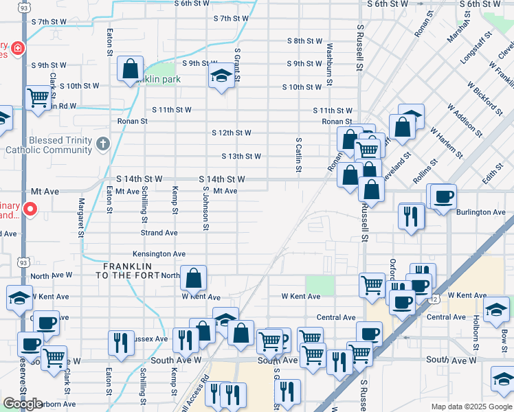 map of restaurants, bars, coffee shops, grocery stores, and more near 1840 Burlington Avenue in Missoula