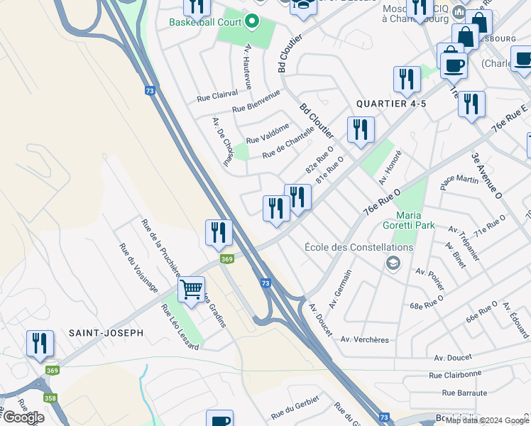 map of restaurants, bars, coffee shops, grocery stores, and more near 8185 Rue de Colombelles in Québec City