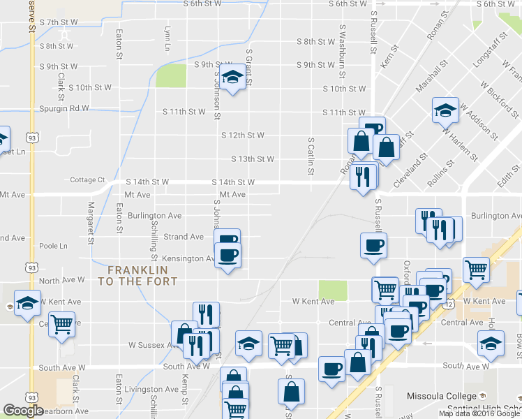 map of restaurants, bars, coffee shops, grocery stores, and more near 1840 Burlington Avenue in Missoula